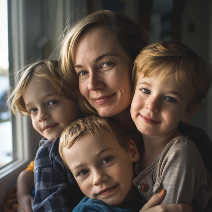 Eine Frau, die ihre drei Kinder umarmt | Quelle: Midjourney