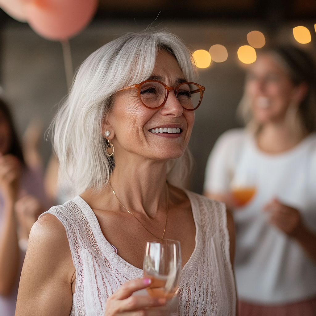 Frau hält ein Glas Champagner auf einer Party | Quelle: Midjourney