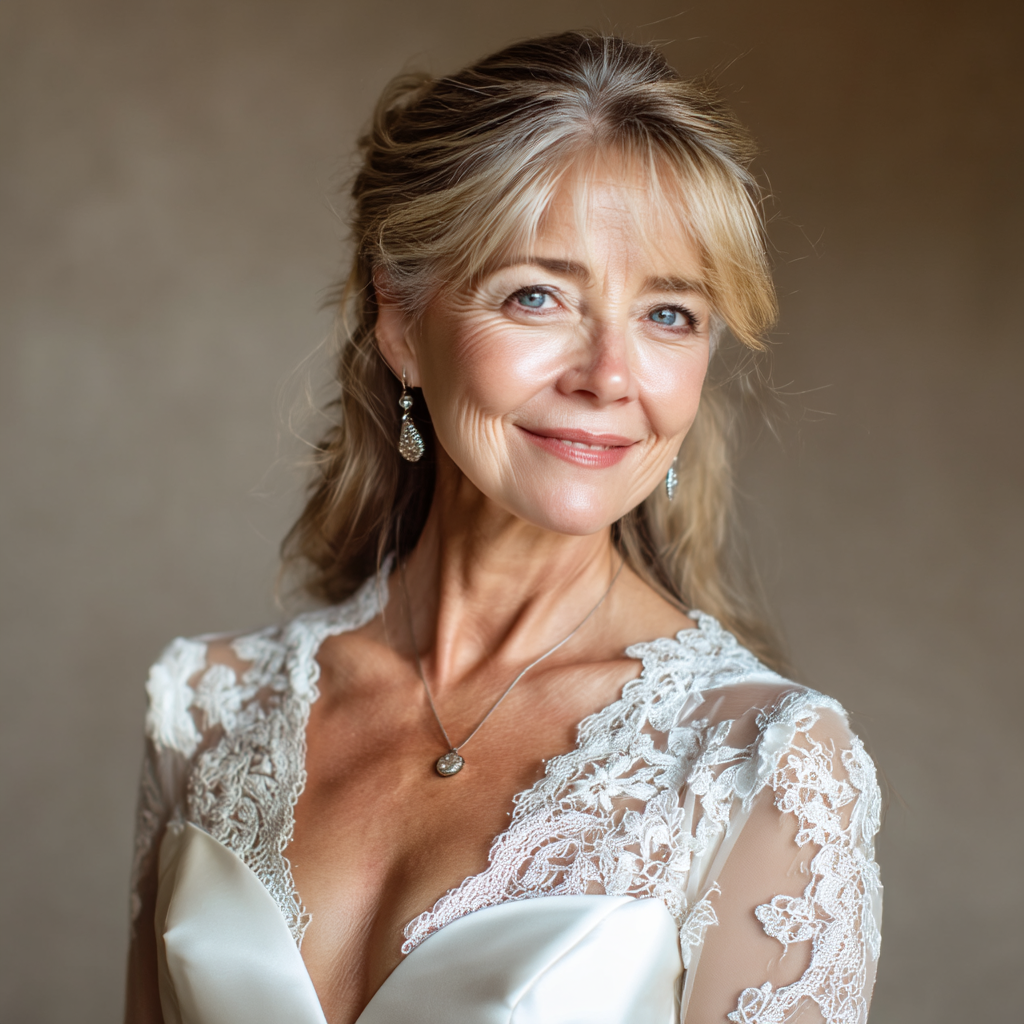 Eine glückliche Frau in ihrem Hochzeitskleid | Quelle: Midjourney