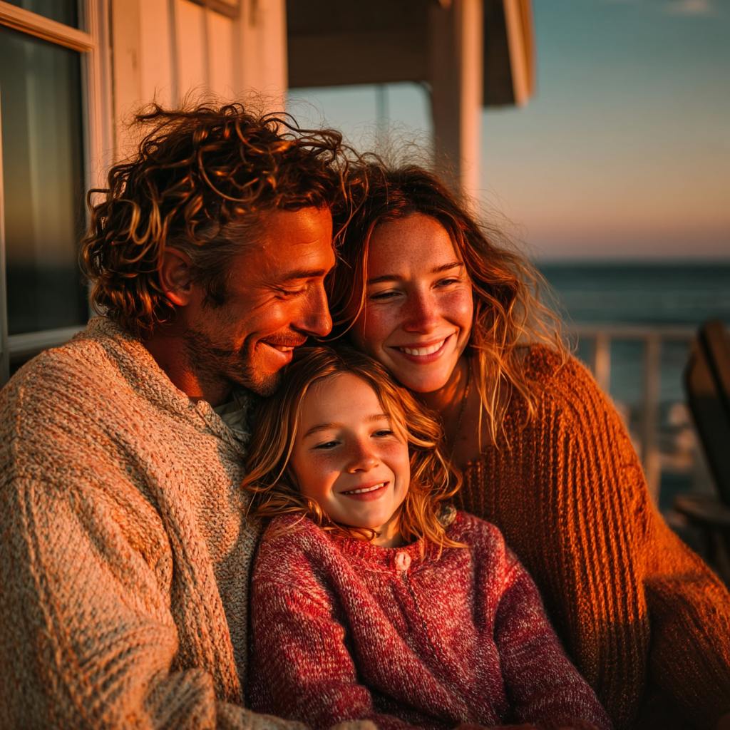 Eine glückliche Familie bei einem Sonnenuntergang im Freien | Quelle: Midjourney
