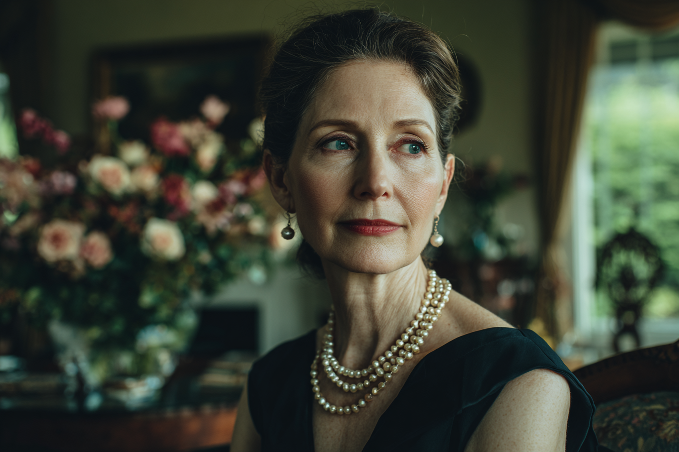 Eine ältere Frau, die zu ihrer Seite schaut | Quelle: Midjourney