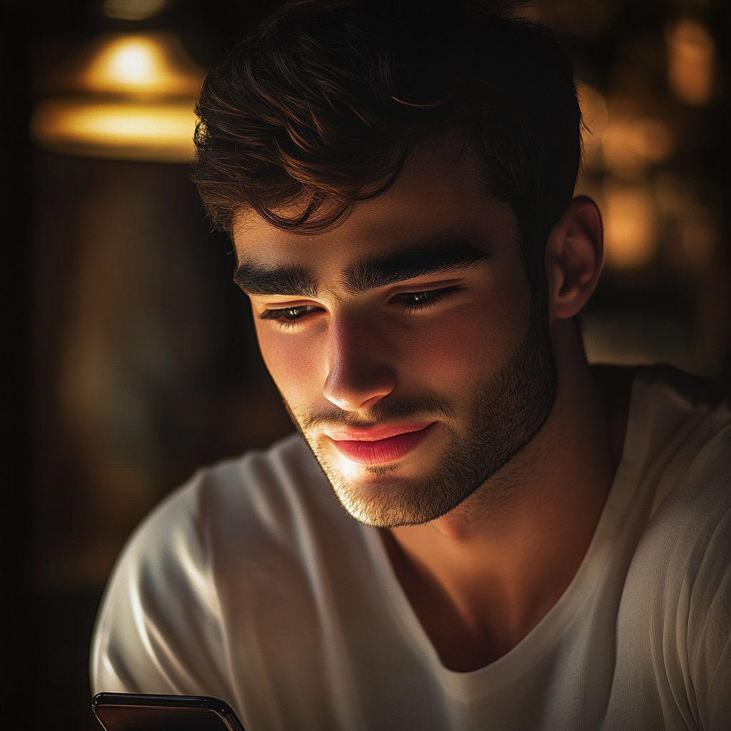 Uśmiechnięty mężczyzna patrzący na swój telefon | Źródło: Midjourney