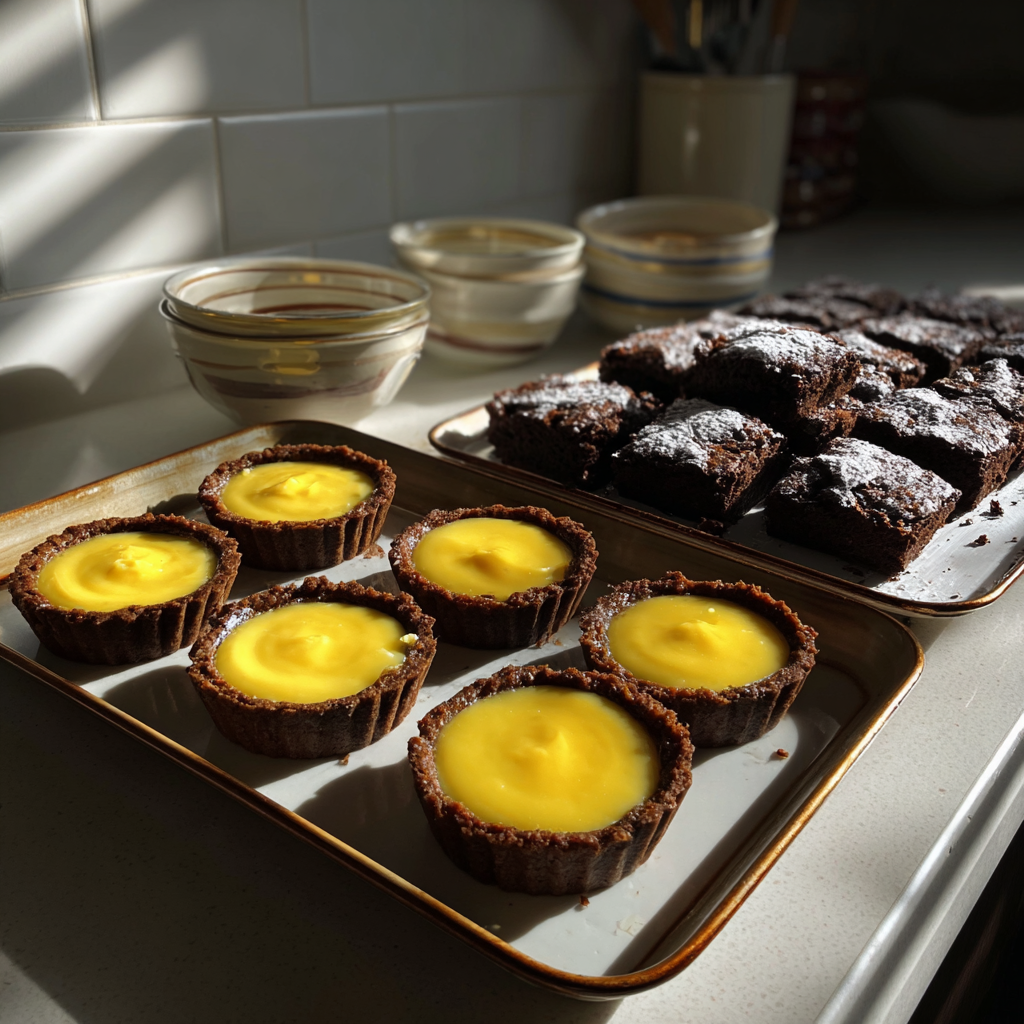 Zitronenkuchen und Schokoladenbrownies auf einem Küchentisch | Quelle: Midjourney