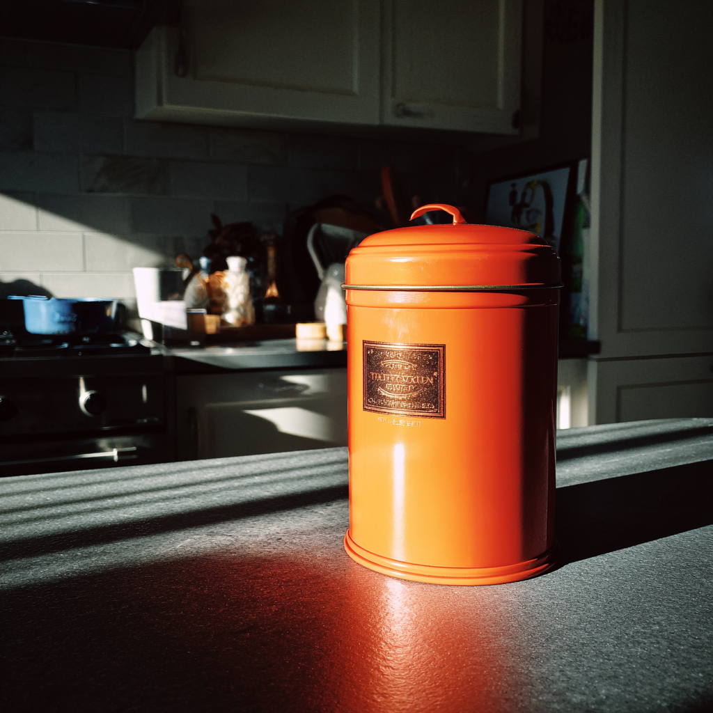 Eine dunkelorange Teedose auf einer Theke | Quelle: Midjourney