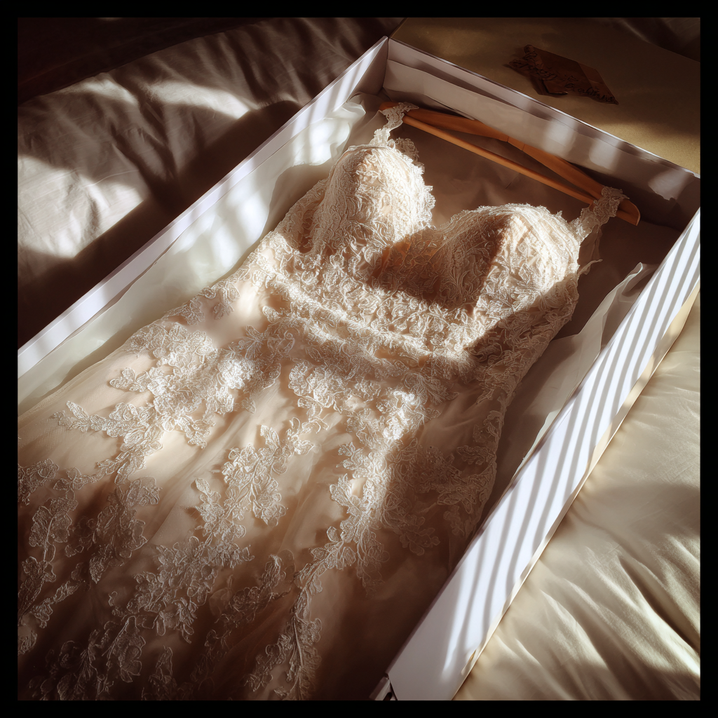 Ein Hochzeitskleid in einer Schachtel | Quelle: Midjourney