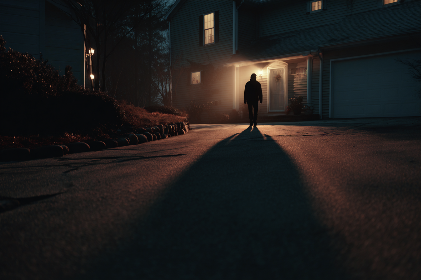 Eine Silhouette einer Person in der Nähe eines Hauses | Quelle: Midjourney