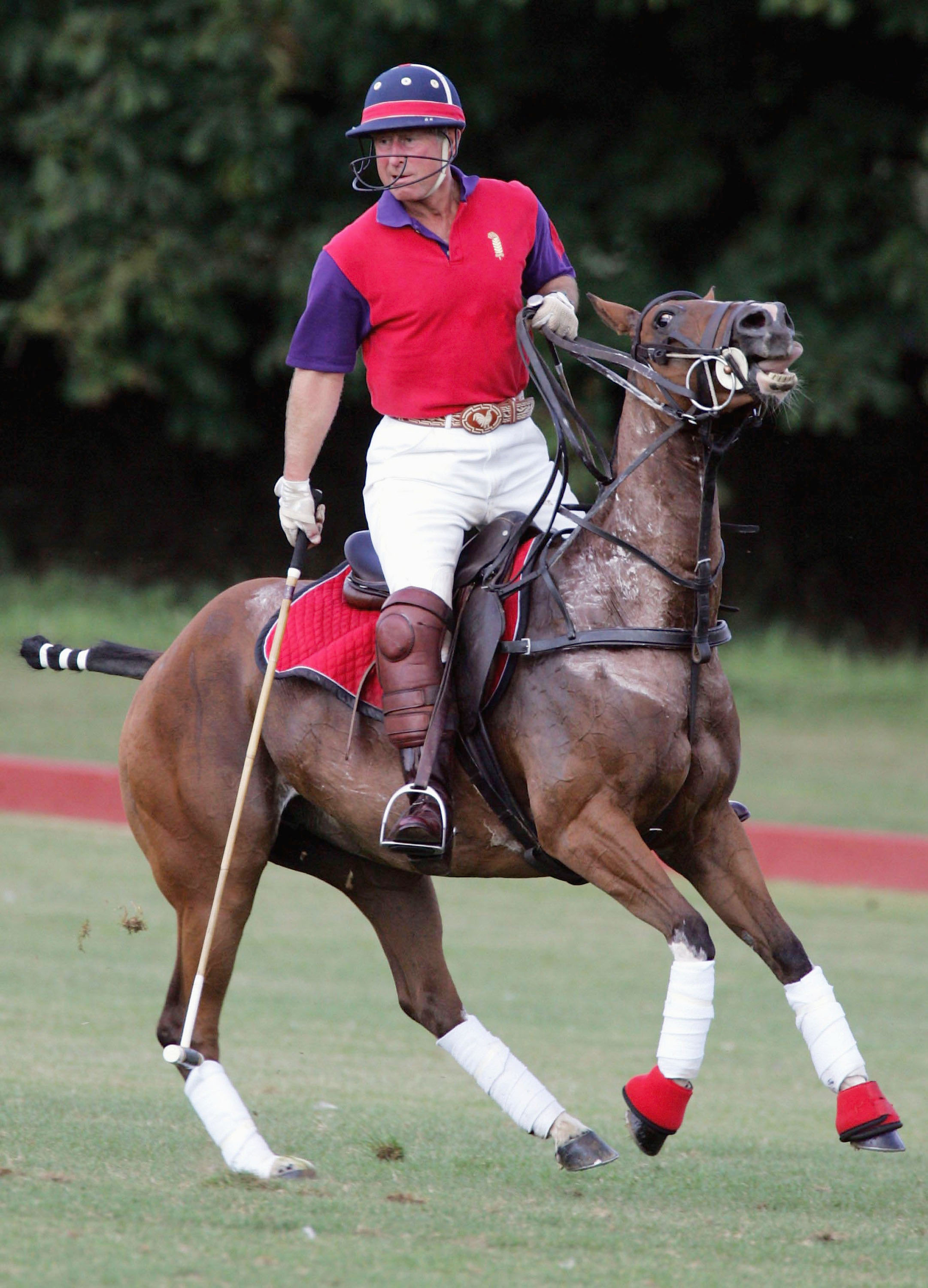 König Charles III. spielt für das Highgrove Polo Team bei einem Wohltätigkeitsspiel zugunsten der Royal Agricultural Benevolent Institution im Beaufort Polo Club in Tetbury, England, am 23. Juli 2005 | Quelle: Getty Images