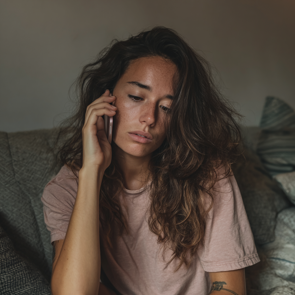 Eine emotionale Frau, die in einem rosa T-Shirt telefoniert | Quelle: Midjourney