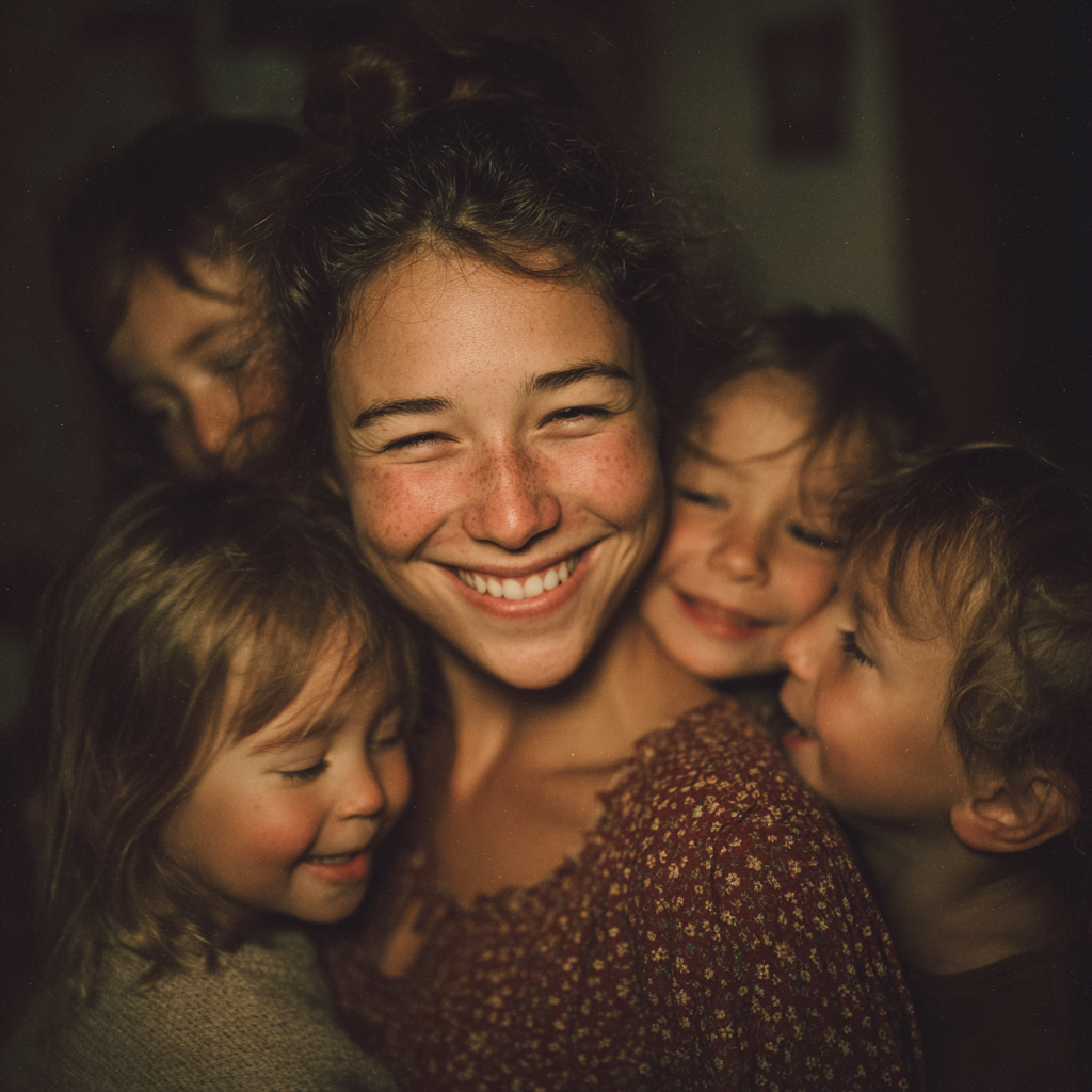 Eine glückliche Frau, die ihre Kinder umarmt | Quelle: Midjourney