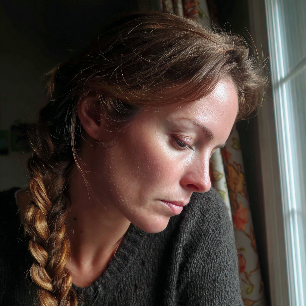 Eine aufgebrachte Frau, die am Fenster sitzt | Quelle: Midjourney