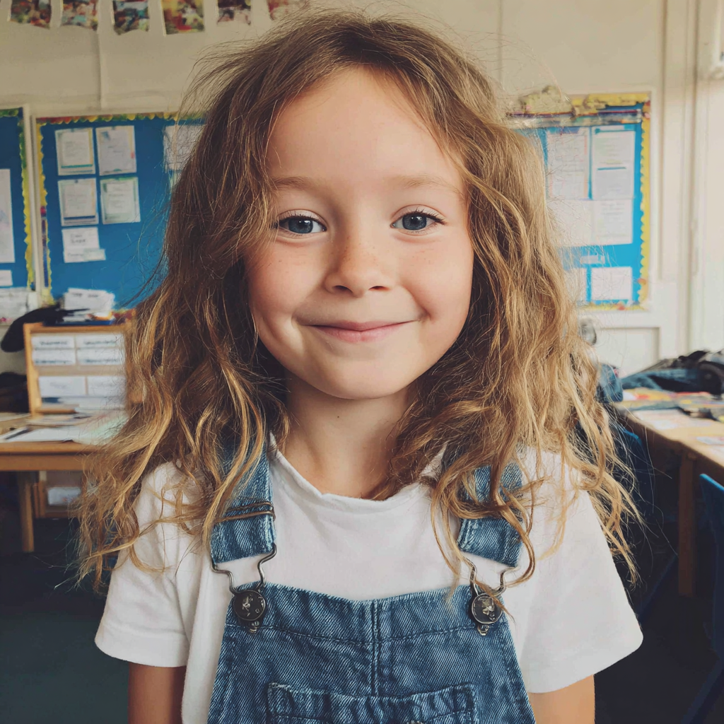 Ein lächelndes kleines Mädchen in ihrem Klassenzimmer | Quelle: Midjourney