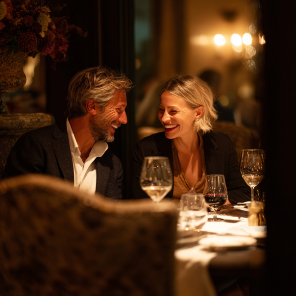 Ein lachendes Paar beim Abendessen | Quelle: Midjourney