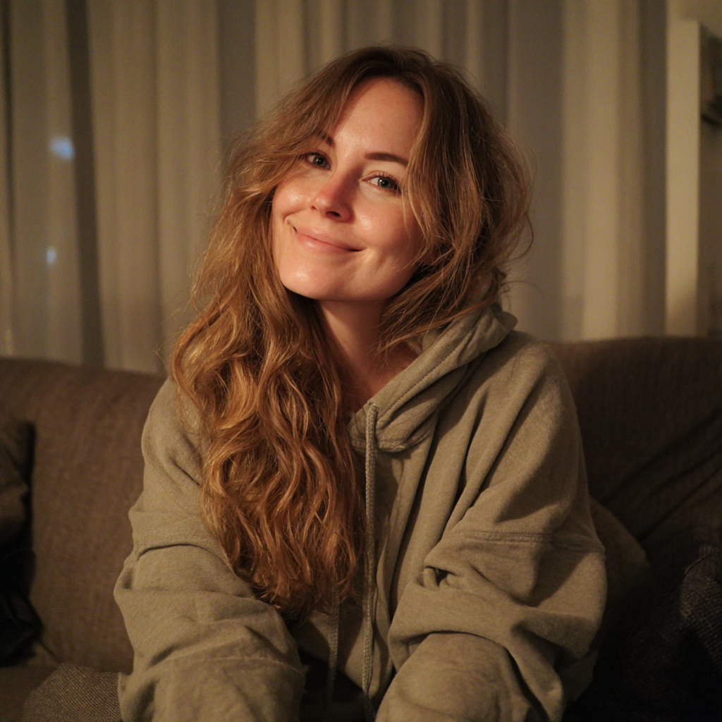 Eine Frau sitzt in einem Hoodie auf einer Couch | Quelle: Midjourney
