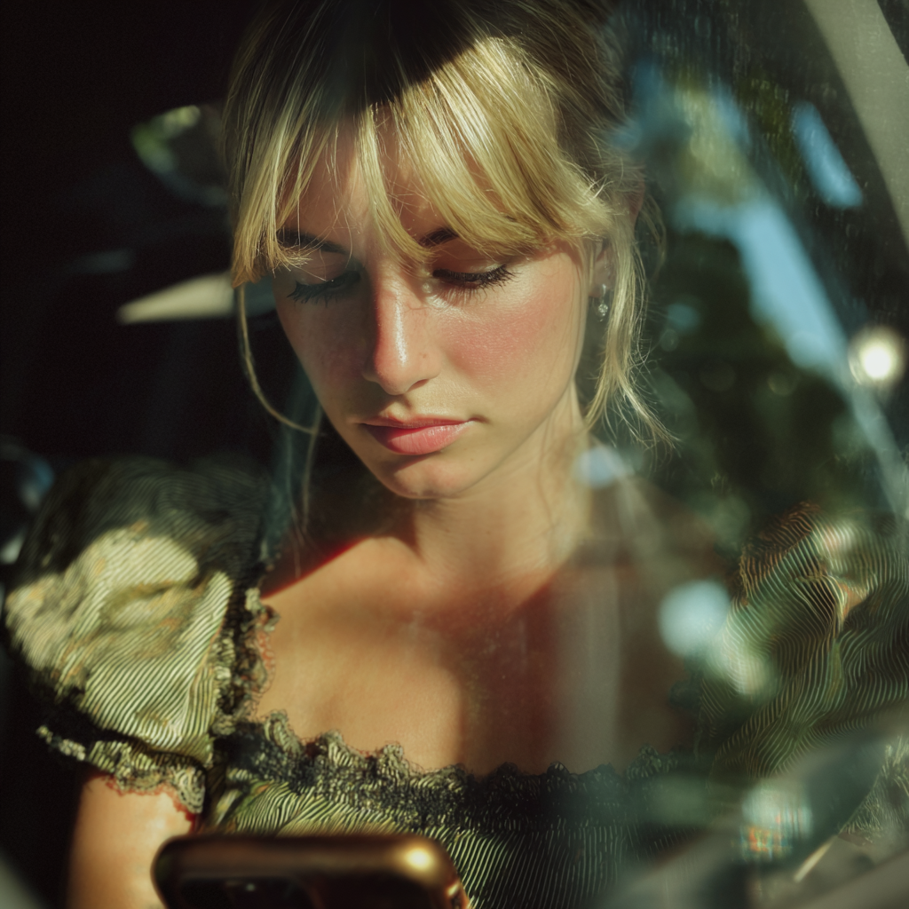 Eine Frau benutzt ein Handy in einem Auto | Quelle: Midjourney