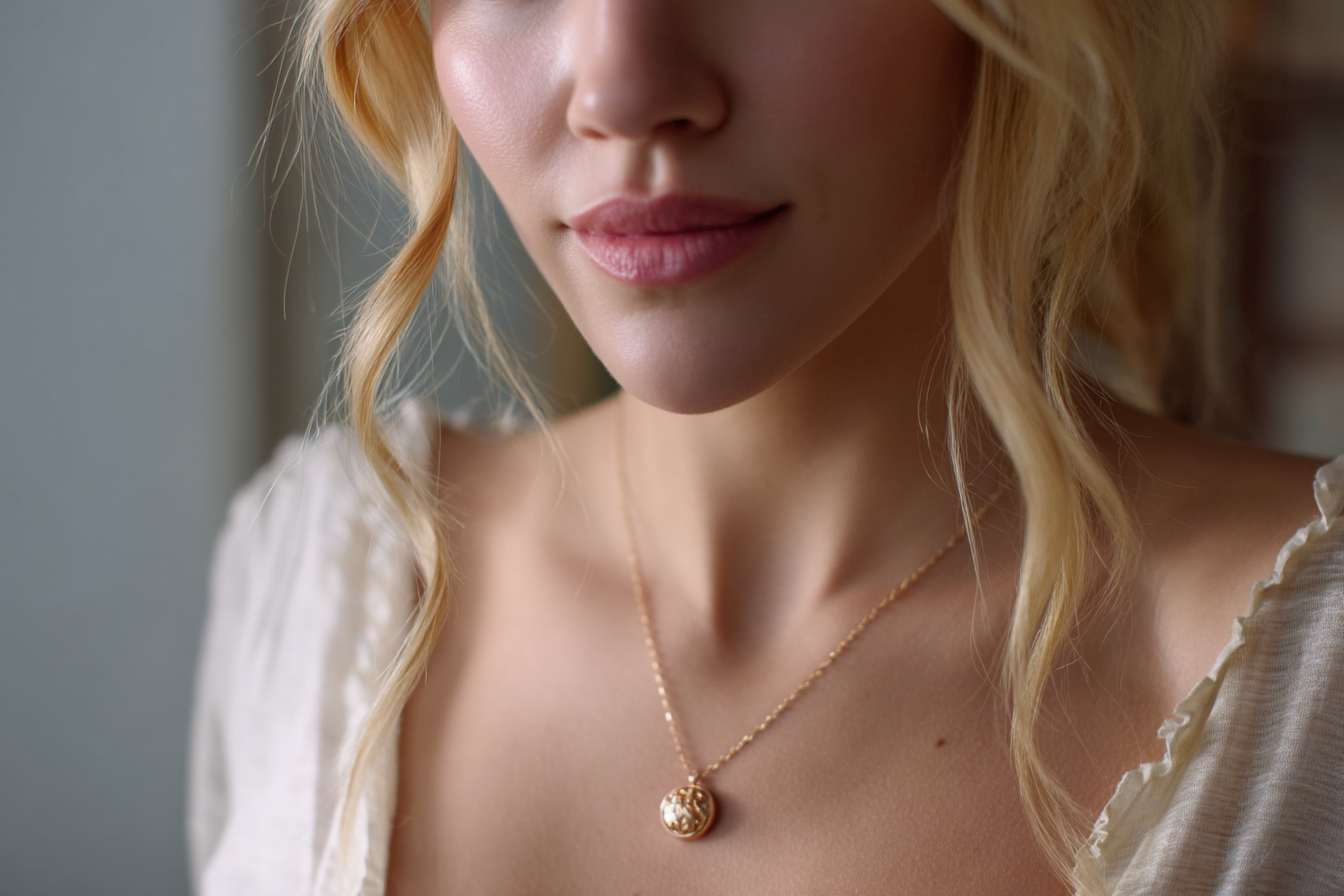Nahaufnahme einer Frau, die ein goldenes Medaillon trägt | Quelle: Midjourney