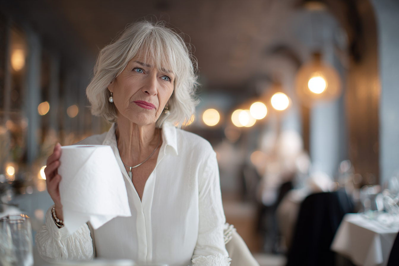Eine Frau in einem Restaurant, die eine Klopapierrolle hält | Quelle: Midjourney