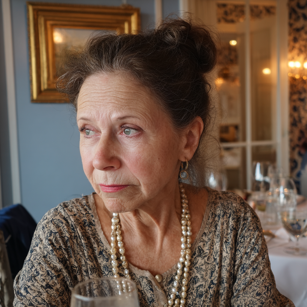 Eine unbeeindruckte Frau, die an einem Tisch sitzt | Quelle: Midjourney