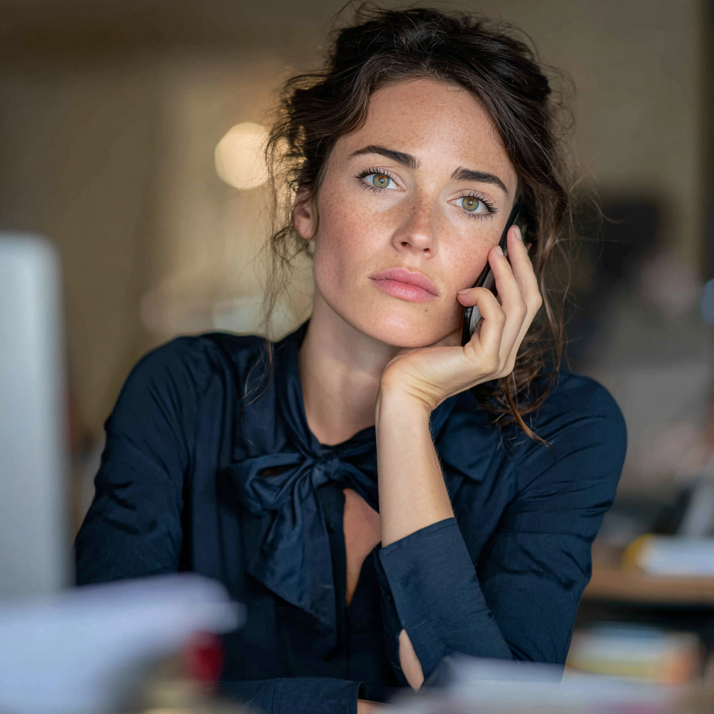 Eine Frau, die an ihrem Schreibtisch sitzt und telefoniert | Quelle: Midjourney