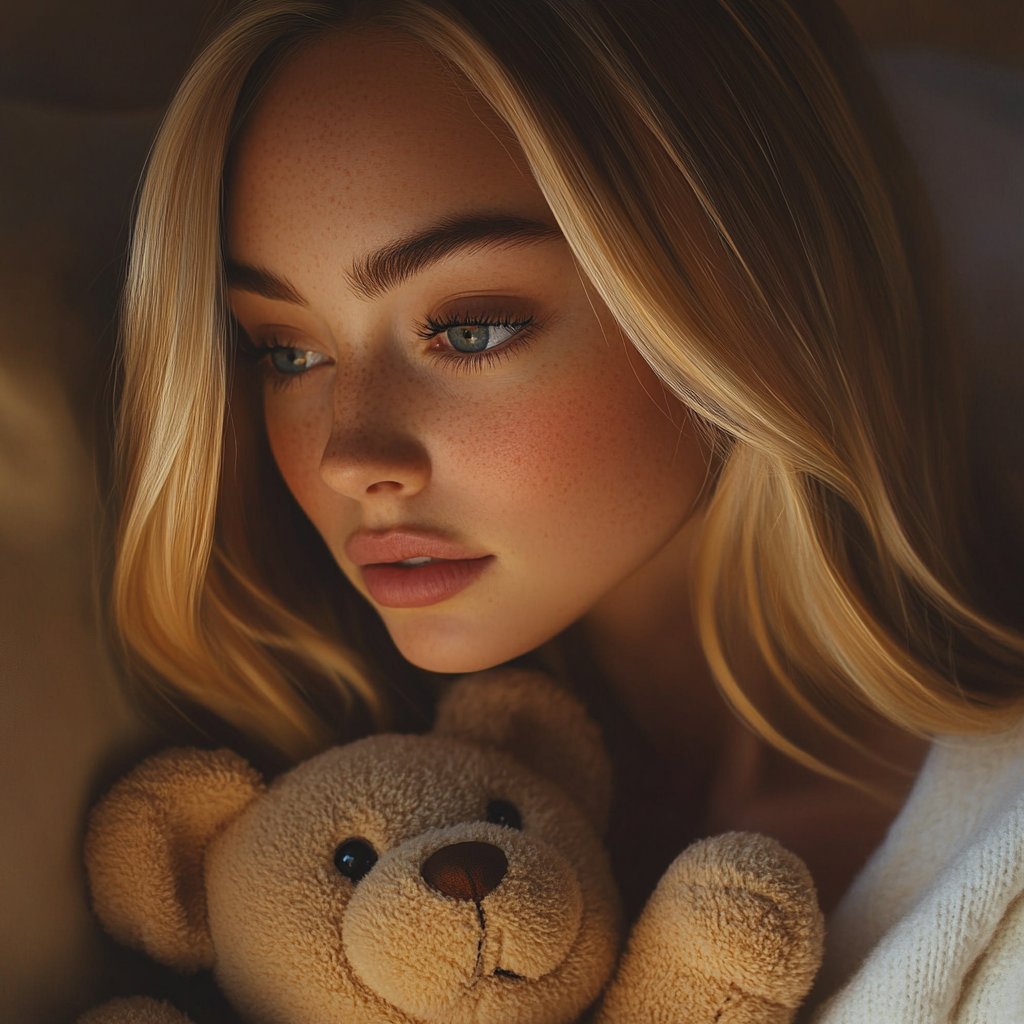 Eine traurige Frau hält einen Teddybär | Quelle: Midjourney