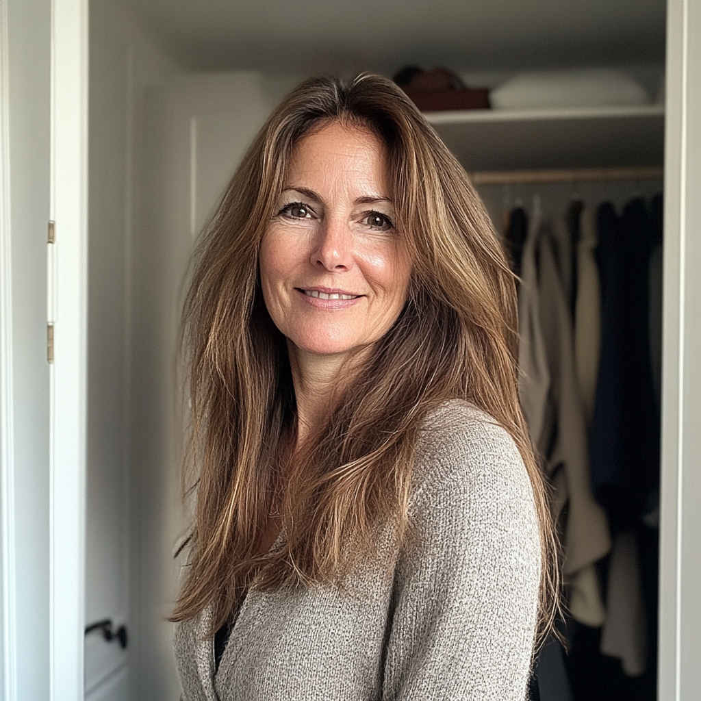 Eine lächelnde Frau, die vor einem Schrank steht | Quelle: Midjourney