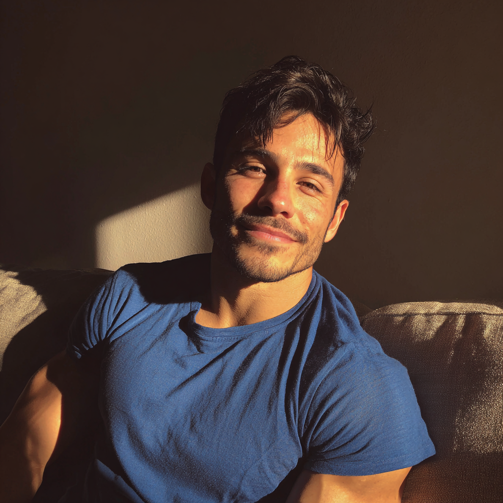 Ein lächelnder Mann, der auf einer Couch sitzt | Quelle: Midjourney