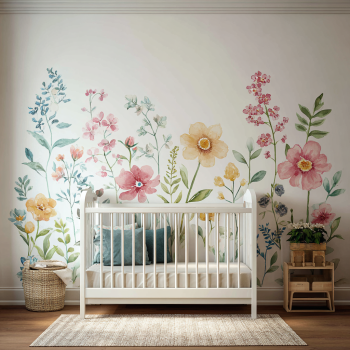 Ein Babyzimmer mit aquarellierten Blumen an der Wand | Quelle: Midjourney