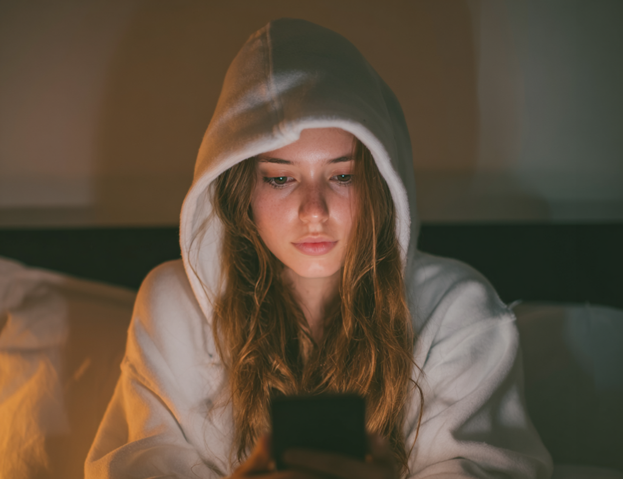 Eine Frau, die auf ihrem Bett sitzt und ihr Handy benutzt | Quelle: Midjourney