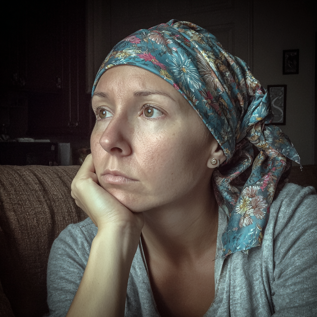 Eine nachdenkliche Frau sitzt auf einer Couch | Quelle: Midjourney