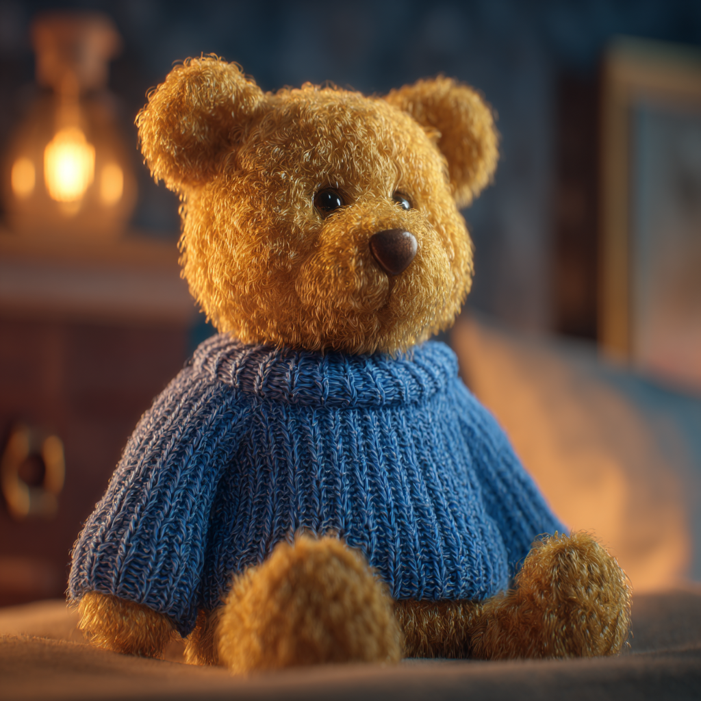 Ein süßer Teddybär in einem blauen Pullover | Quelle: Midjourney