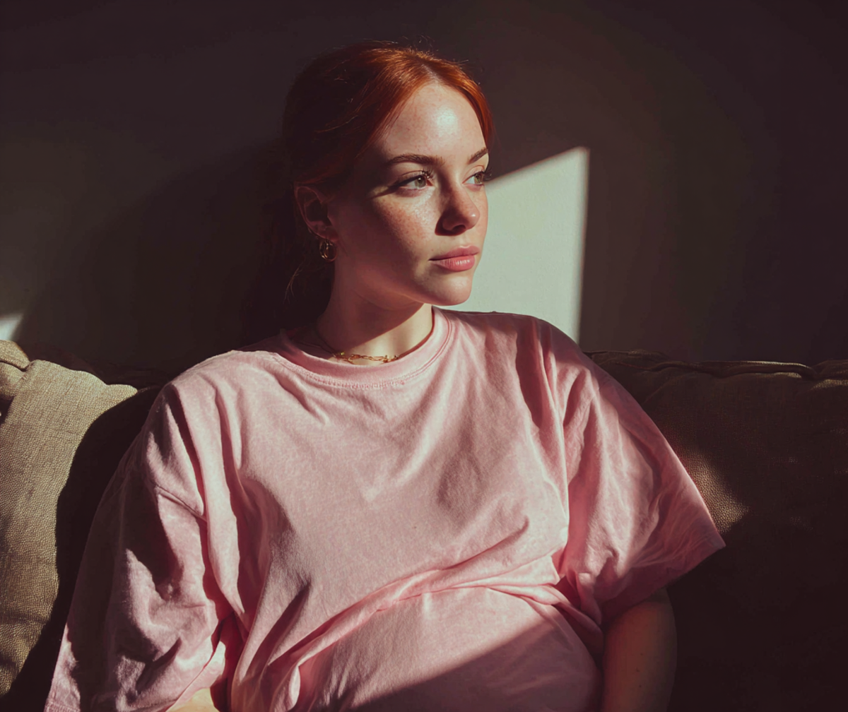 Eine schwangere Frau sitzt auf einer Couch | Quelle: Midjourney