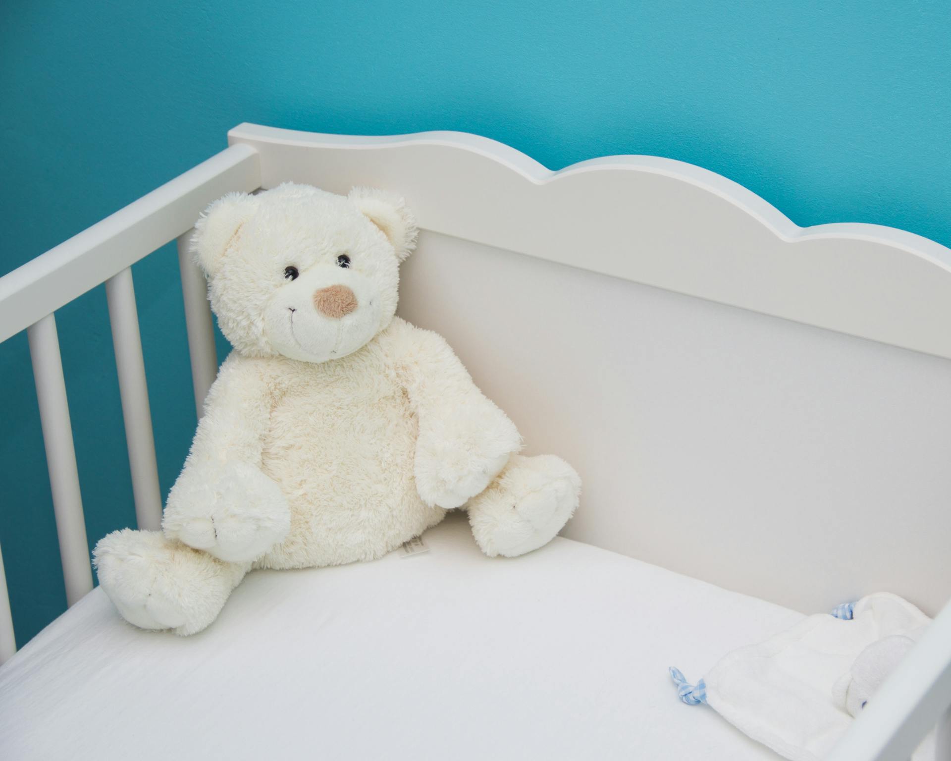 Ein ausgestopfter Bär, der in einem Babybettchen liegt | Quelle: Pexels
