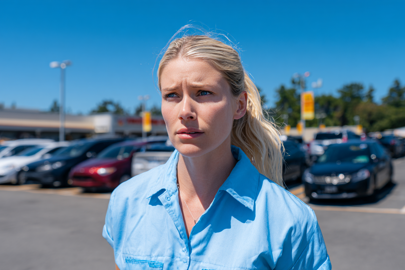 Eine besorgt dreinblickende Frau auf einem Parkplatz | Quelle: Midjourney