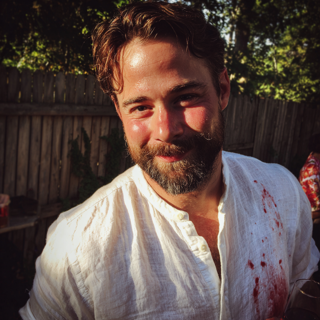 Ein lächelnder Mann mit Wein auf seinem Hemd | Quelle: Midjourney