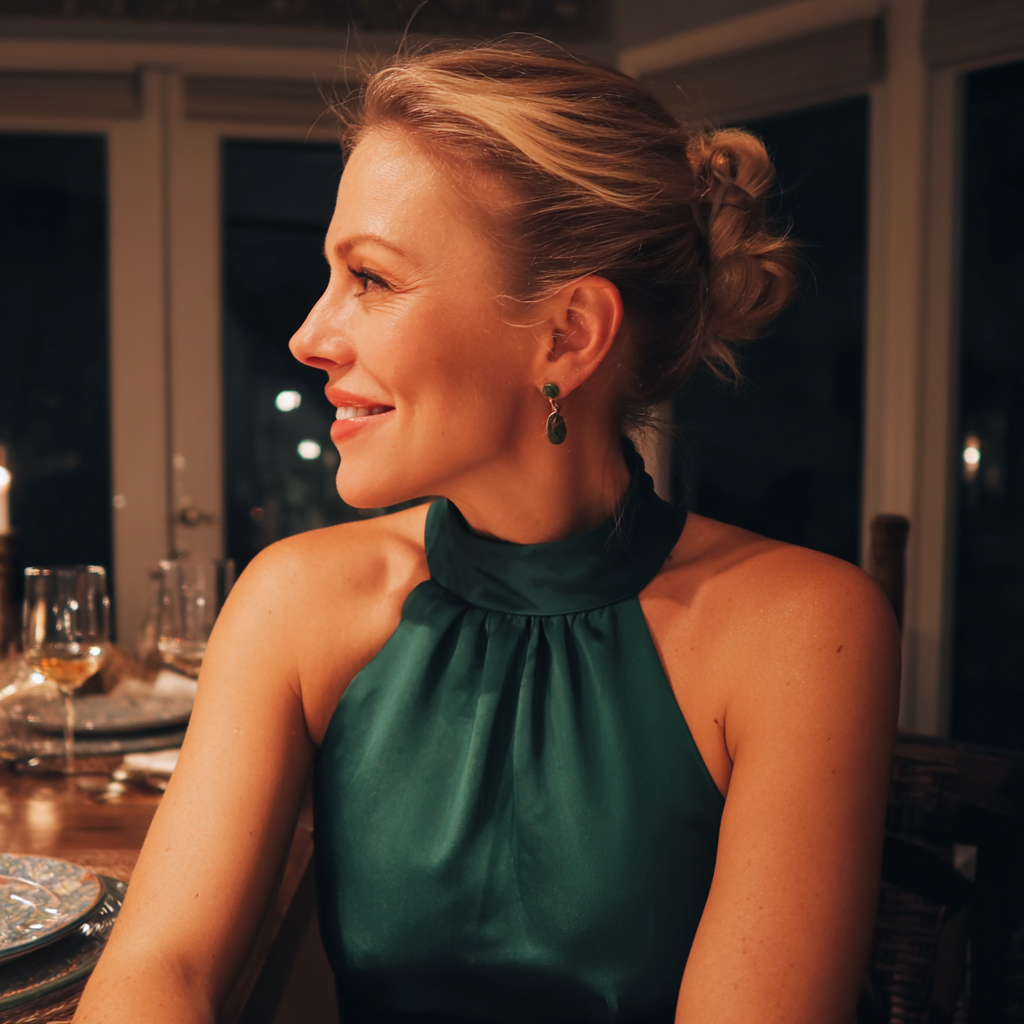 Eine Seitenansicht einer Frau, die ein smaragdgrünes Kleid trägt | Quelle: Midjourney