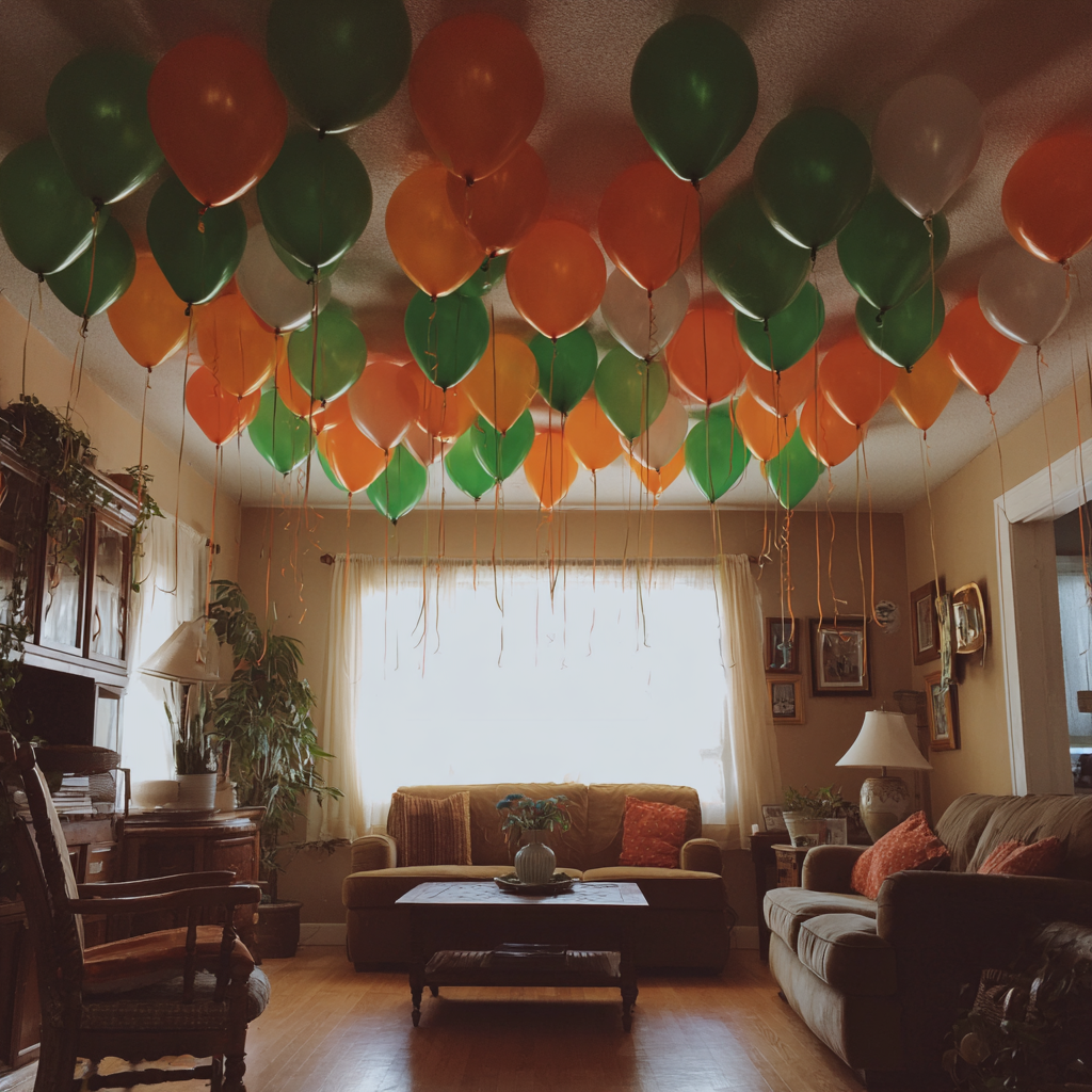 Luftballons in einem Wohnzimmer | Quelle: Midjourney