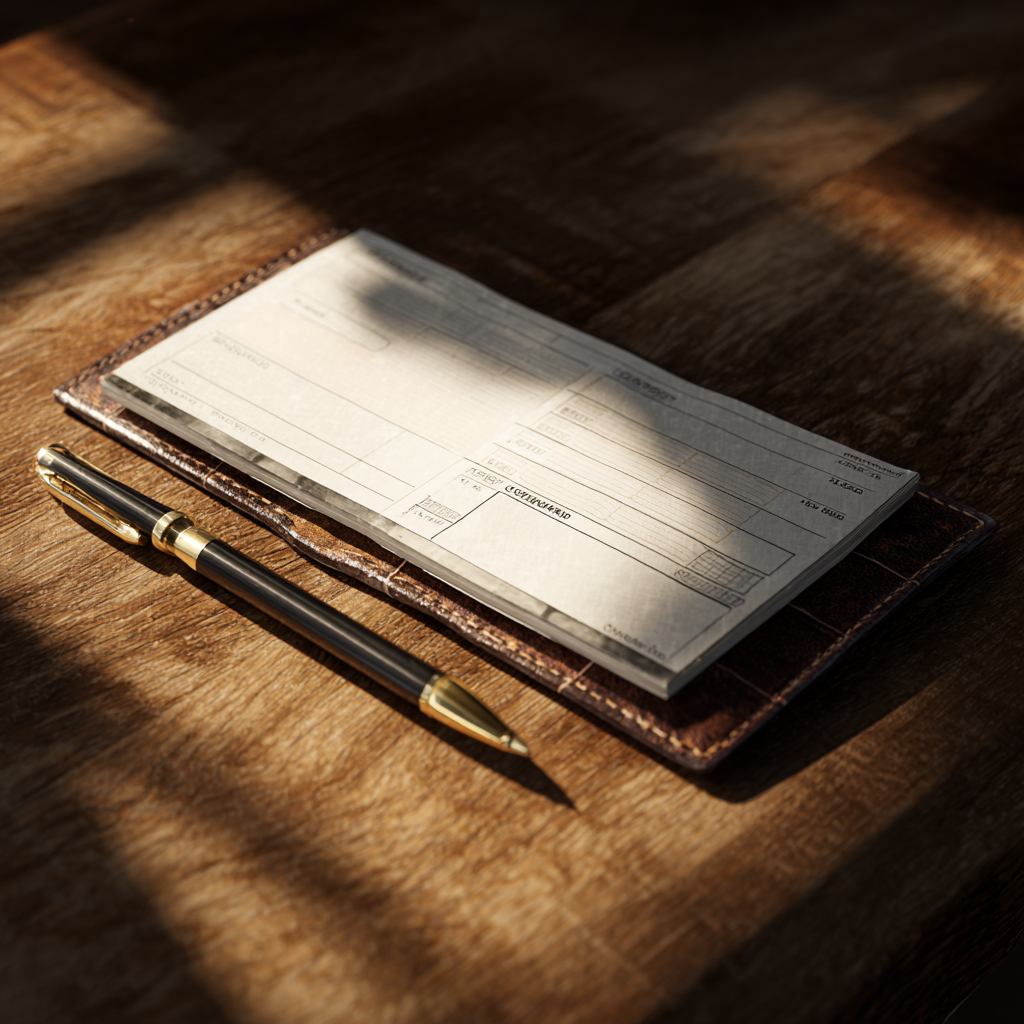 Ein Stift neben einem Scheckbuch | Quelle: Midjourney