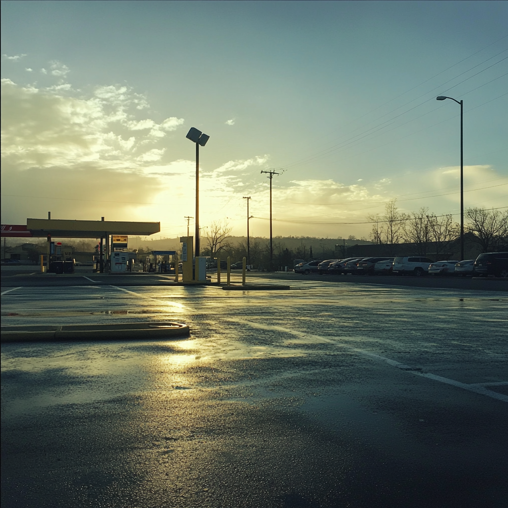 Ein Parkplatz an einer Tankstelle | Quelle: Midjourney