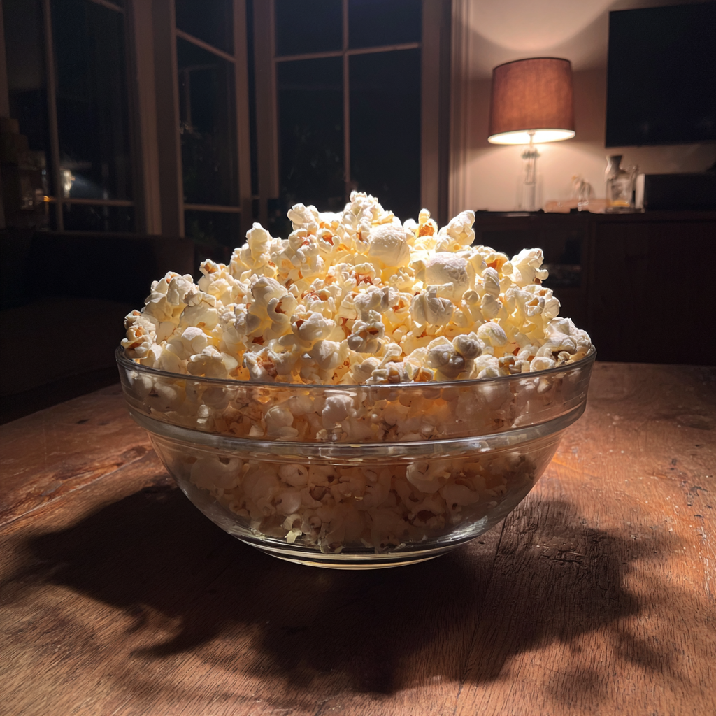 Eine Schüssel Popcorn auf einem Tisch | Quelle: Midjourney