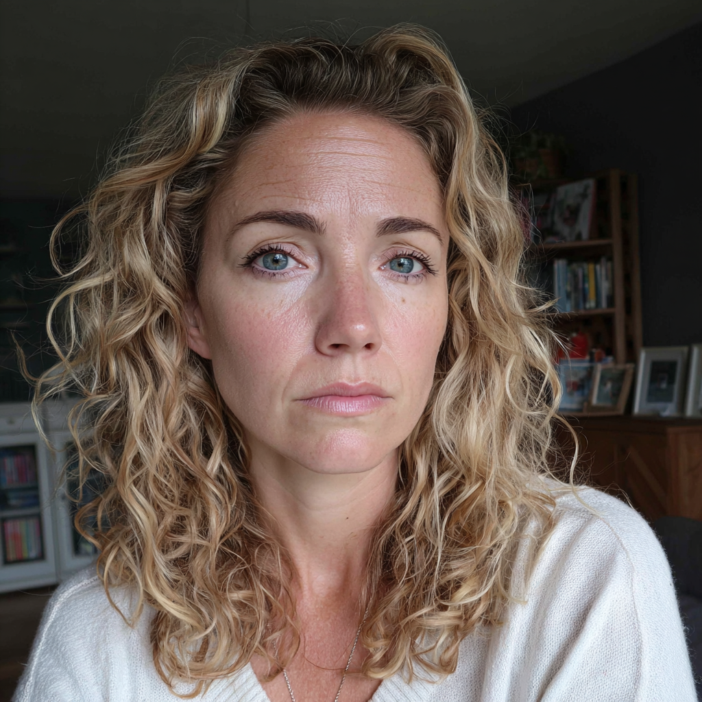 Eine nachdenkliche Frau, die in einem Wohnzimmer steht | Quelle: Midjourney