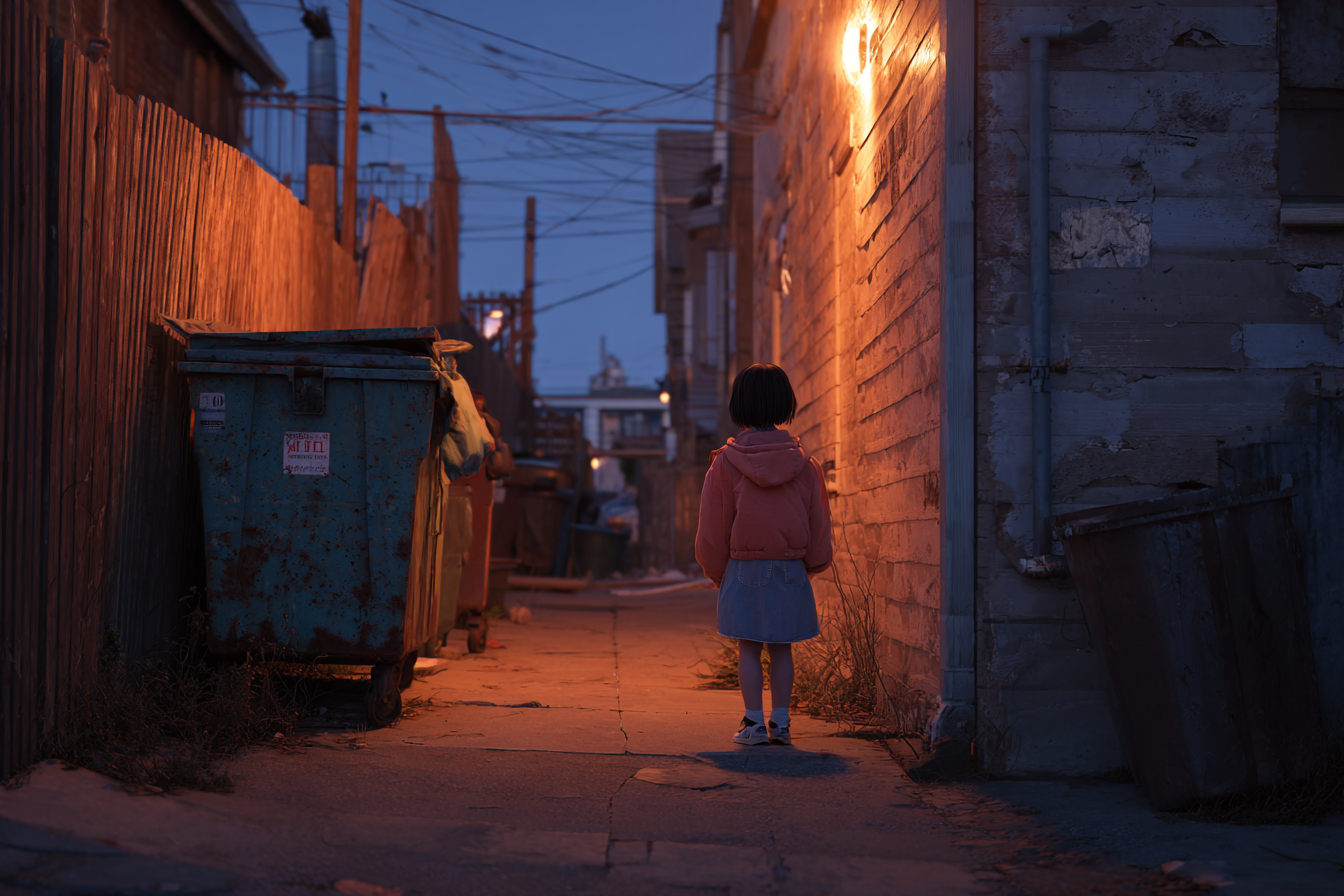 Ein Mädchen steht in der Nähe eines Müllcontainers | Quelle: Midjourney