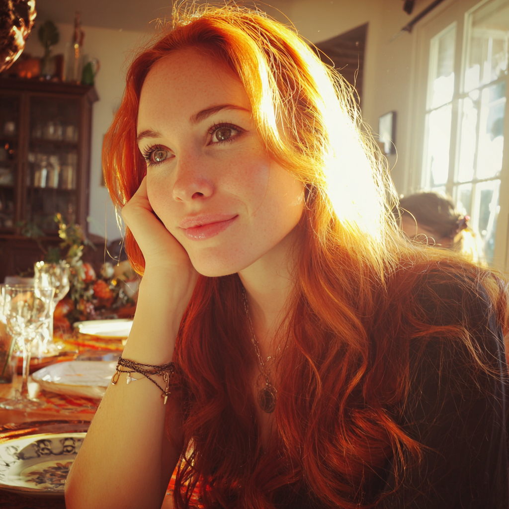 Eine amüsierte Frau, die an einem Tisch sitzt | Quelle: Midjourney