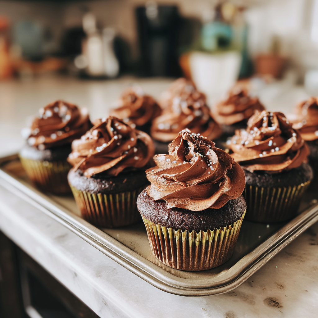 Ein Tablett mit Schokoladen-Cupcakes | Quelle: Midjourney