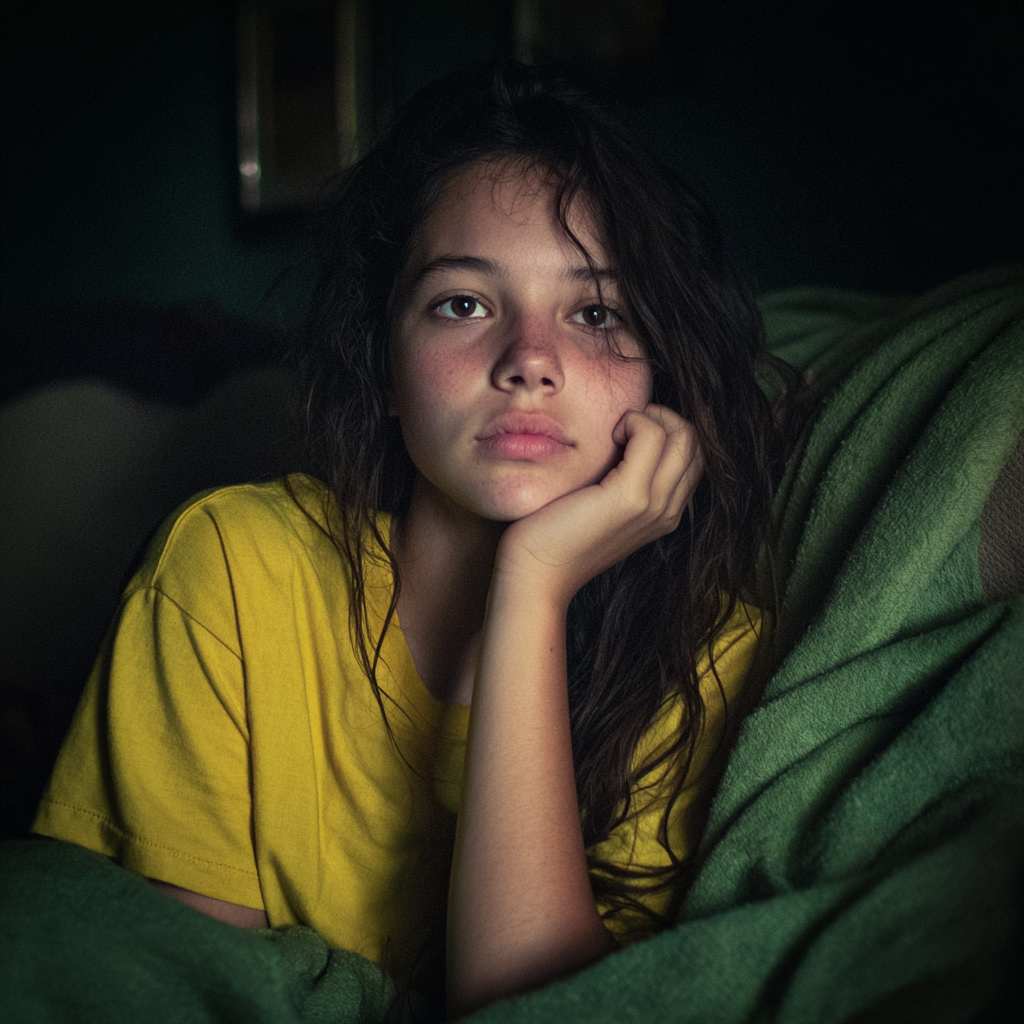 Ein kleines Mädchen sitzt mit einer Decke auf einer Couch | Quelle: Midjourney