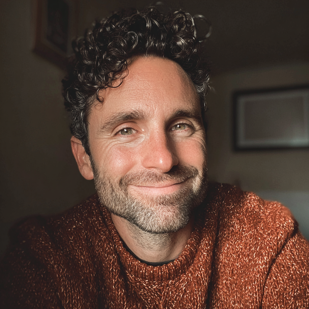 Ein lächelnder Mann in einem orangefarbenen Pullover | Quelle: Midjourney