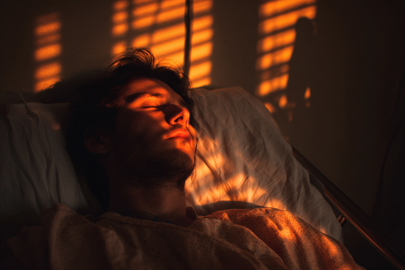 Ein Mann schläft in einem Krankenhausbett | Quelle: Midjourney