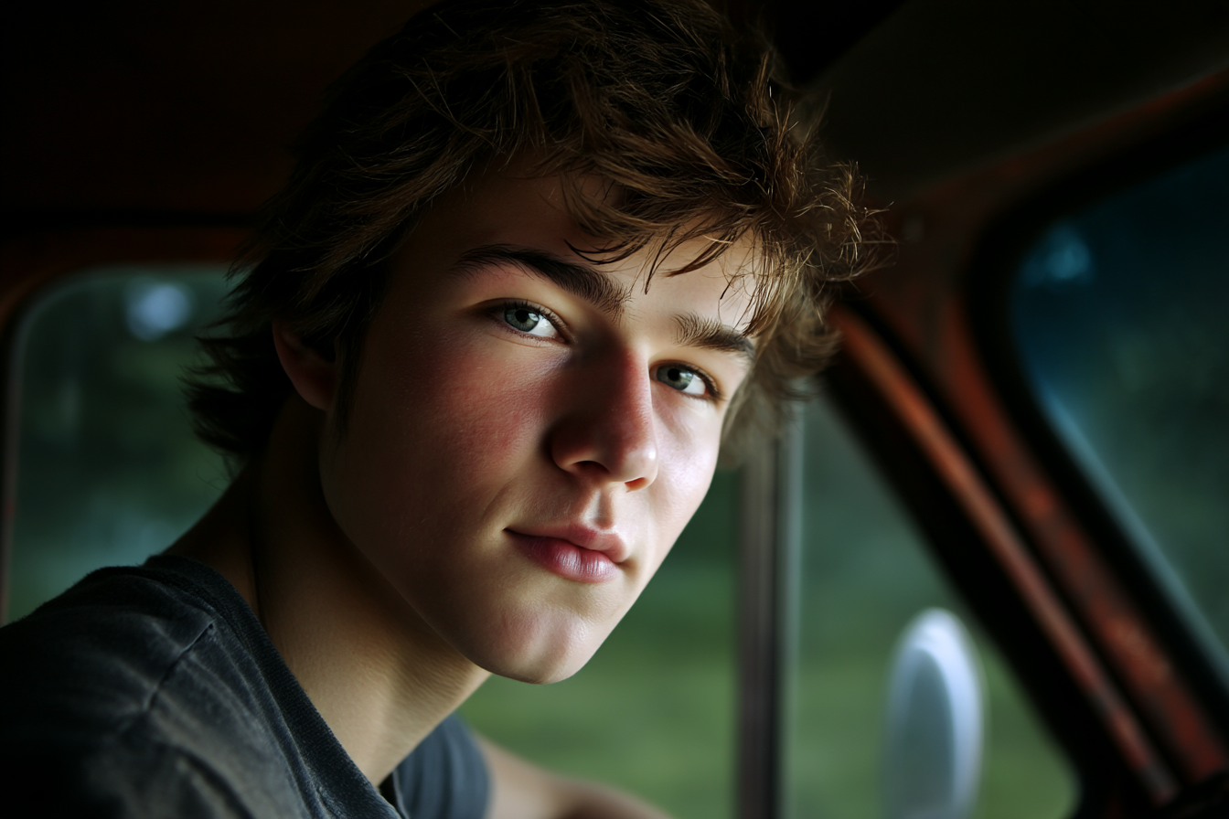 Ein Jugendlicher sitzt in seinem Auto und schaut zur Seite | Quelle: Midjourney