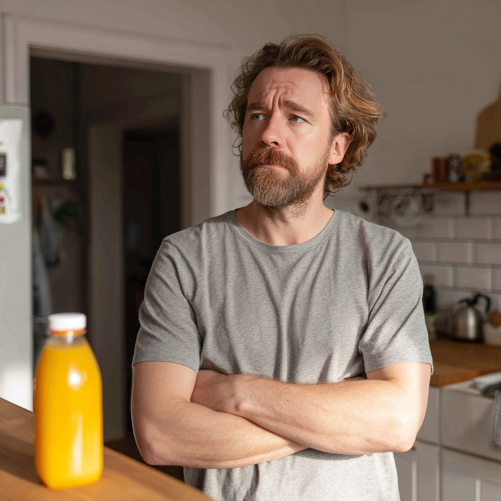 Ein stirnrunzelnder Mann, der in einer Küche steht | Quelle: Midjourney