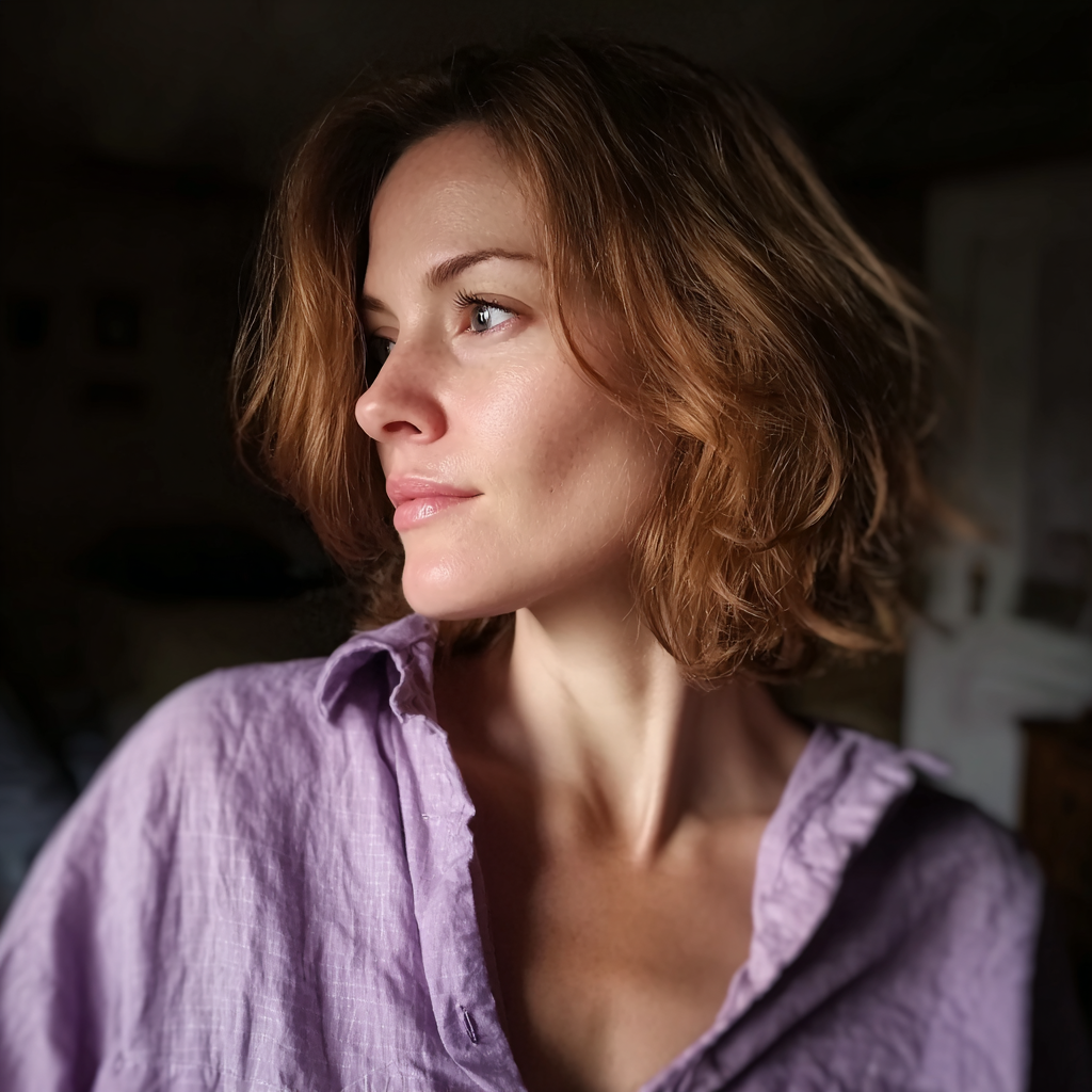 Eine nachdenkliche Frau, die in einem Schlafzimmer steht | Quelle: Midjourney