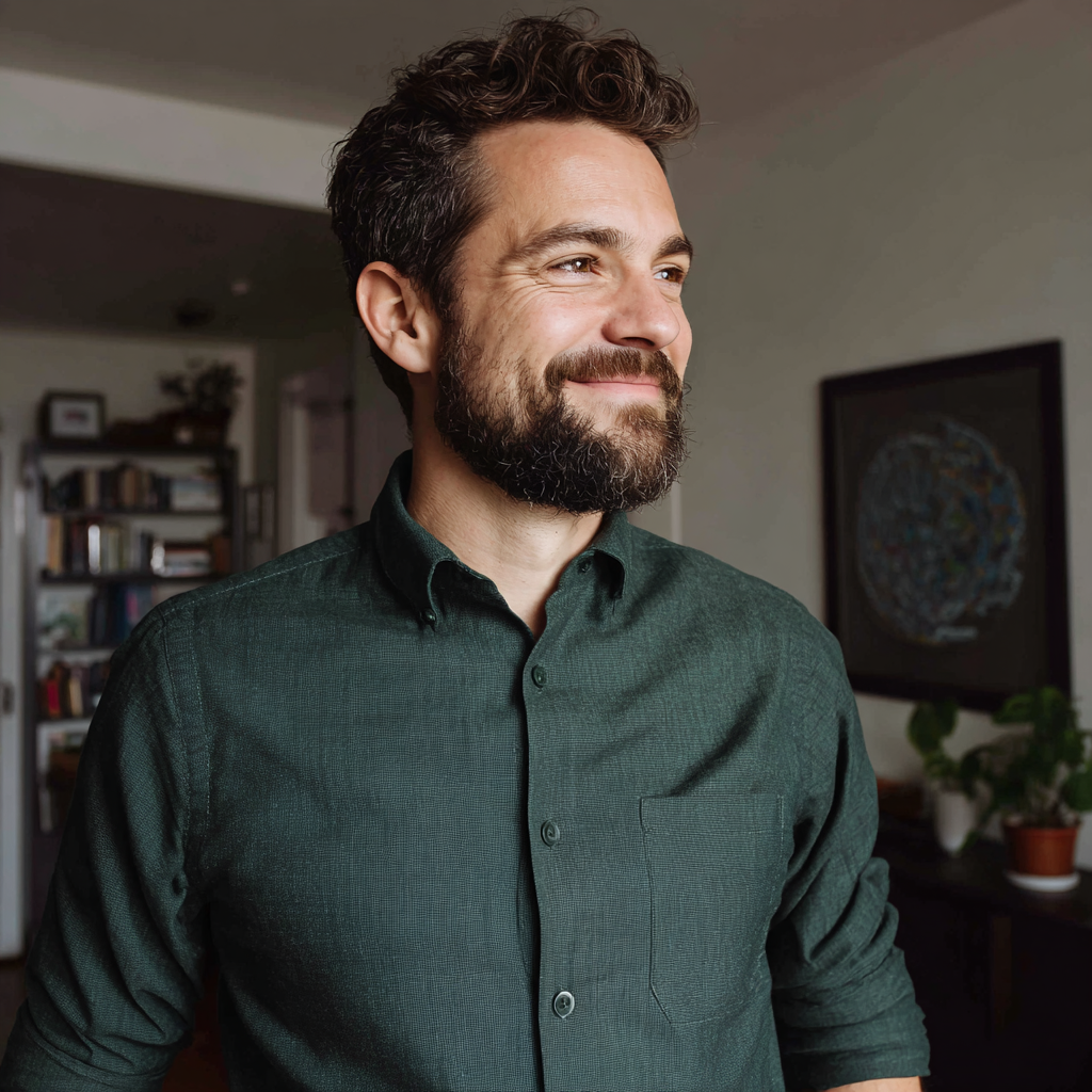 Ein lächelnder Mann, der in einer Wohnung steht | Quelle: Midjourney