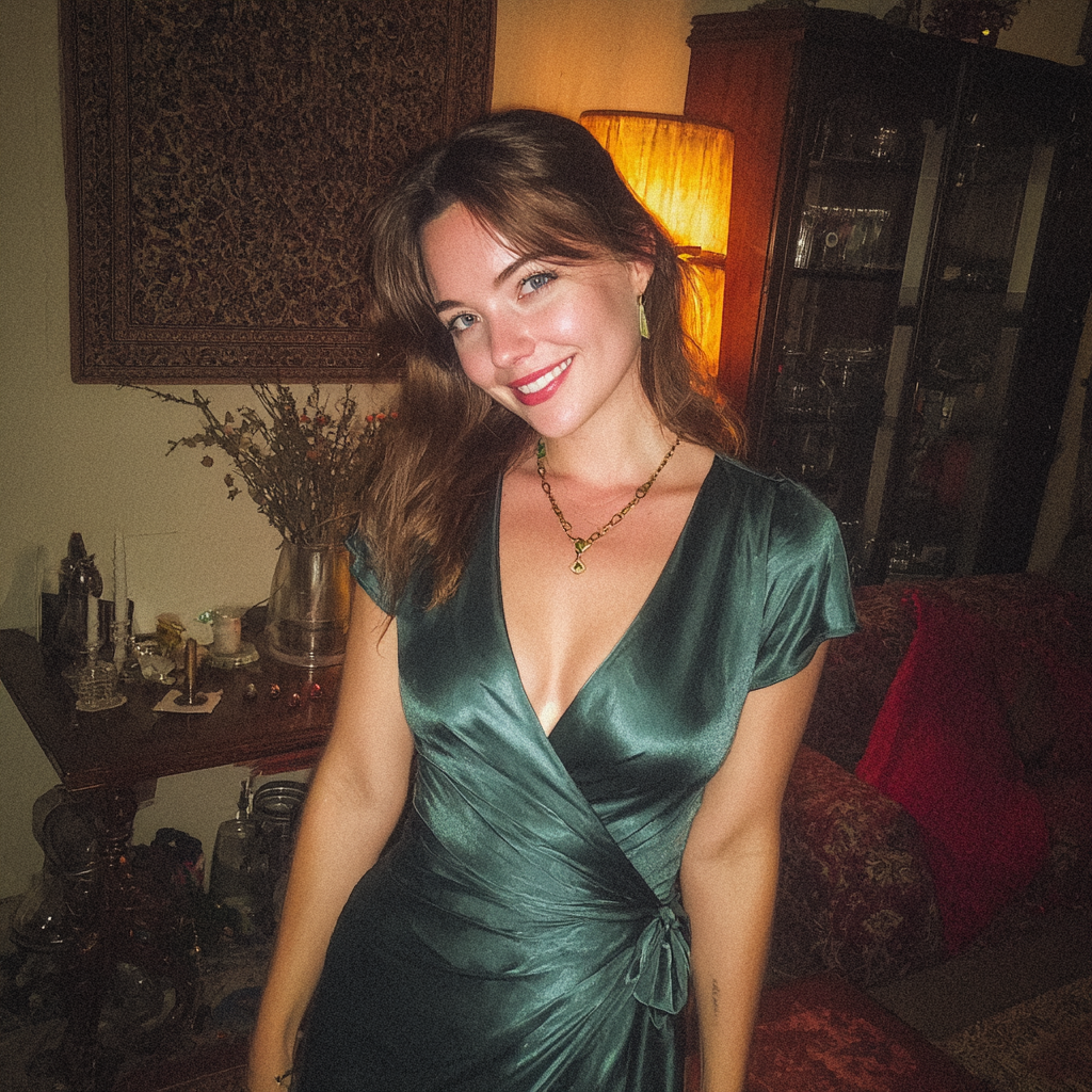 Eine lächelnde Frau in einem grünen Seidenkleid | Quelle: Midjourney